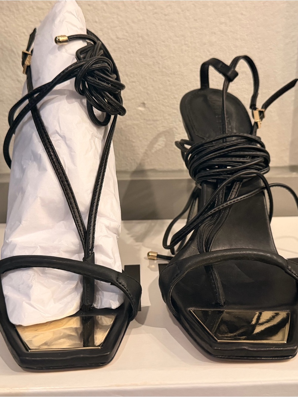 SCHUTZ Black Lace-Up Square Toe Sandals with Gold Accent